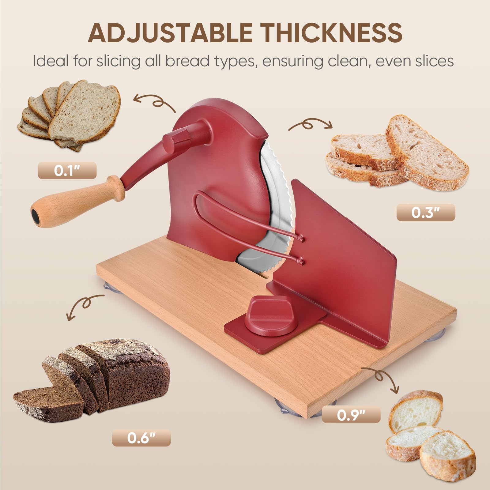 SOWKIPE bread slicer on stable wooden base with suction cups for steady cuts.