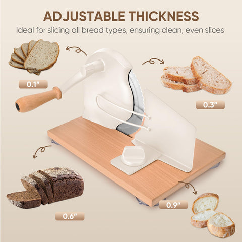 SOWKIPE manual bread slicer with wooden base and ergonomic handle for comfortable slicing.