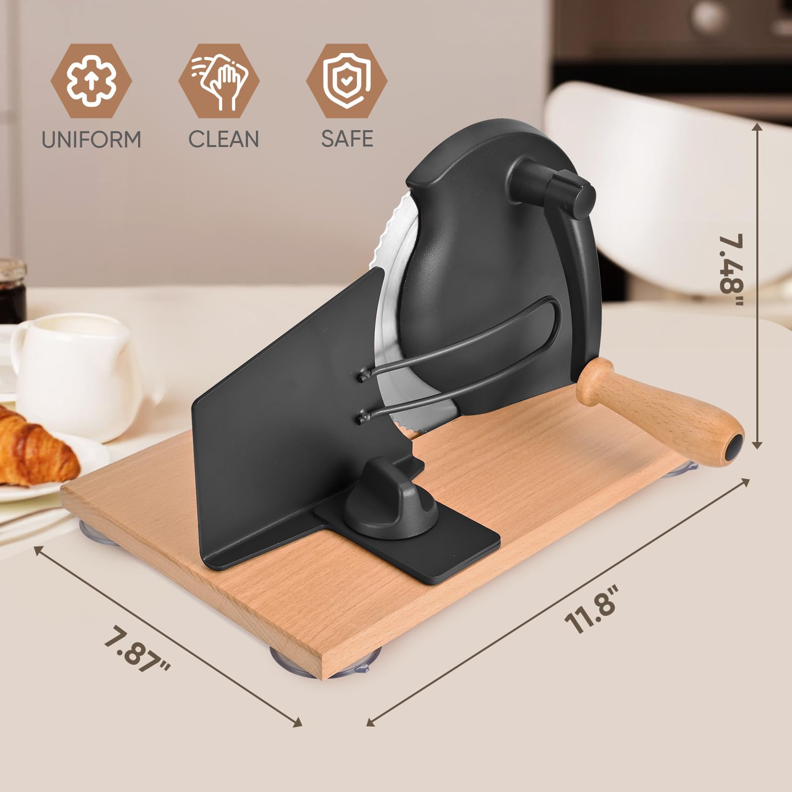 SOWKIPE wooden base with four suction cups stays stable on countertops.