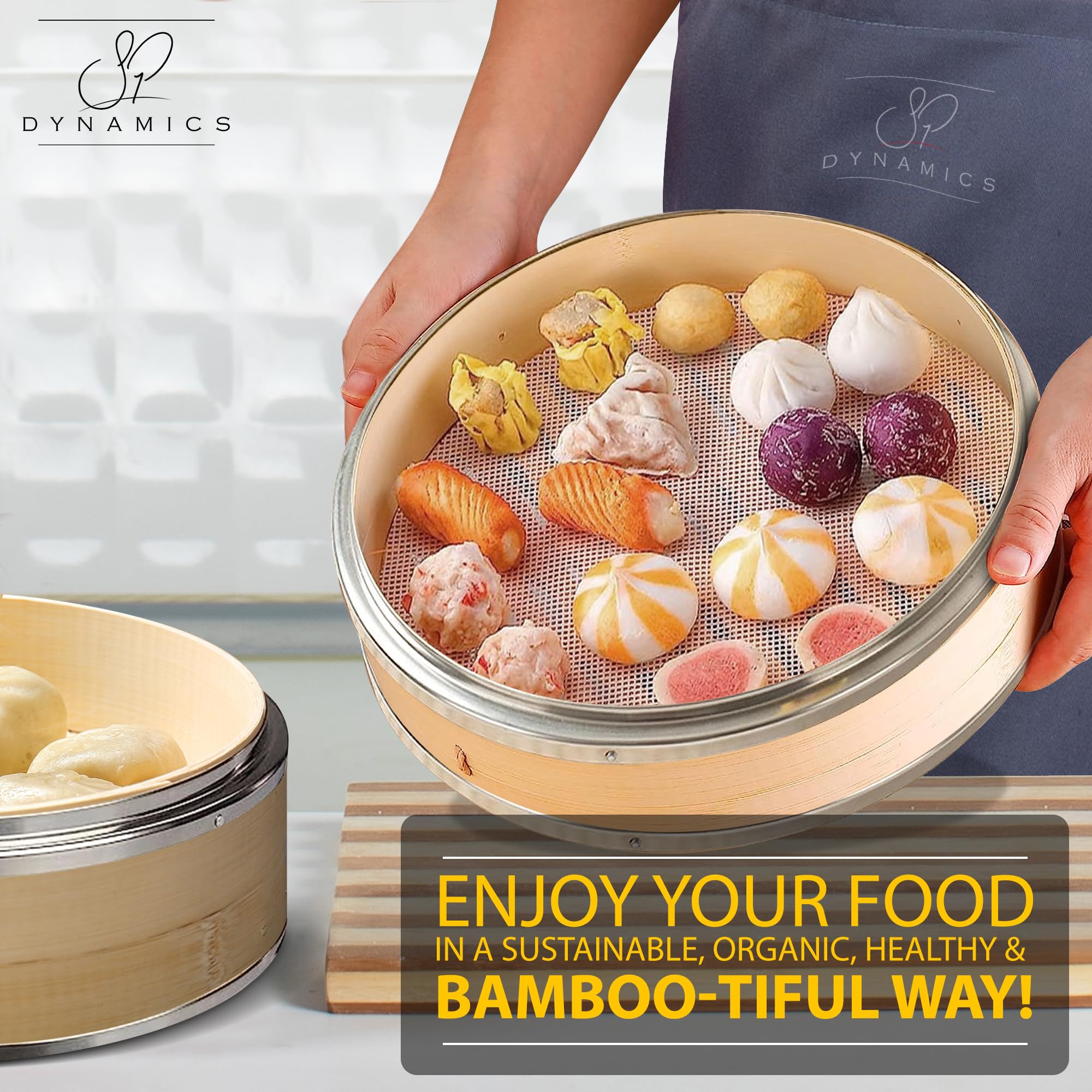 SP Dynamics bamboo steamer includes chopsticks for authentic handling during meals.