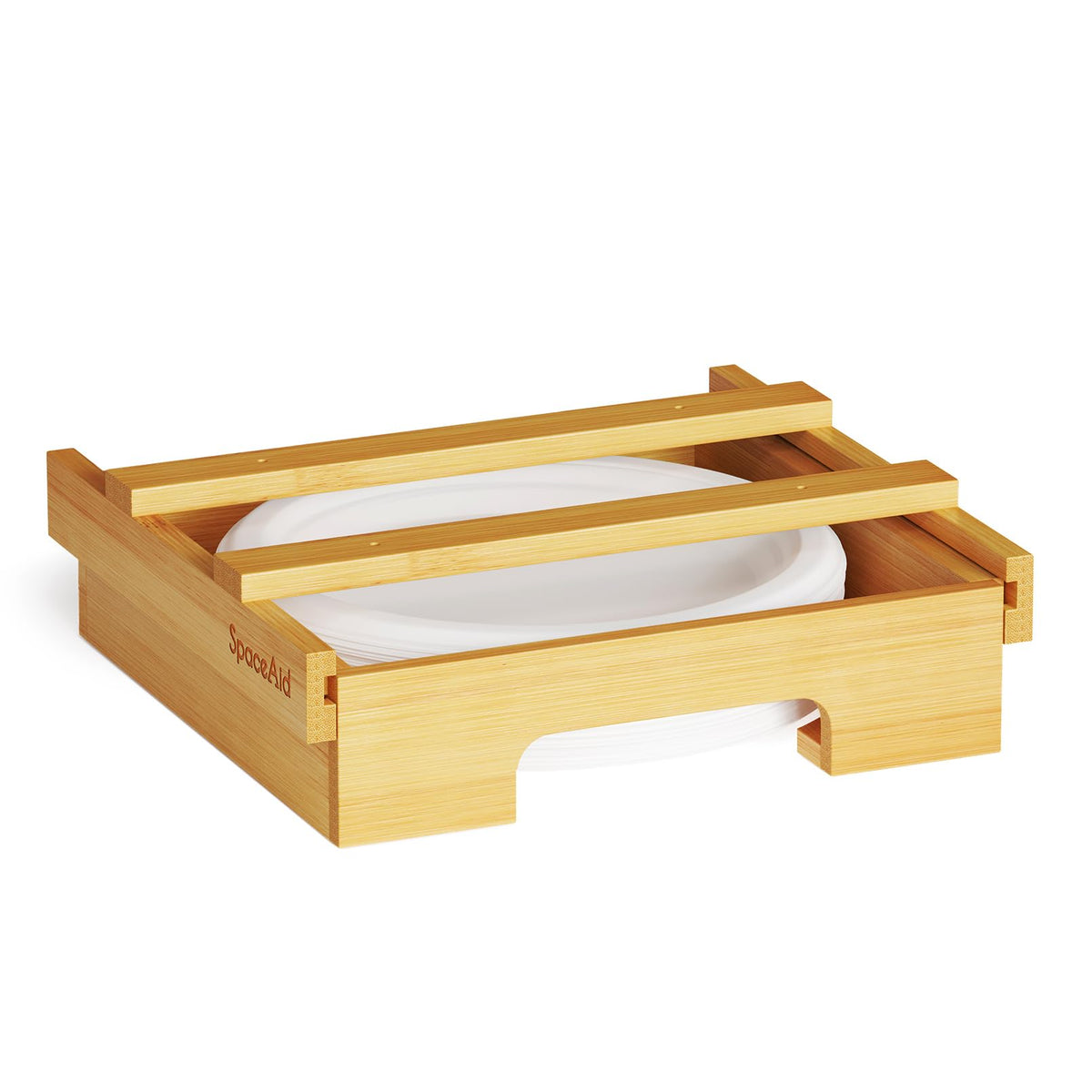 SpaceAid 10-inch paper plate dispenser mounted under cabinet for easy one-plate access.