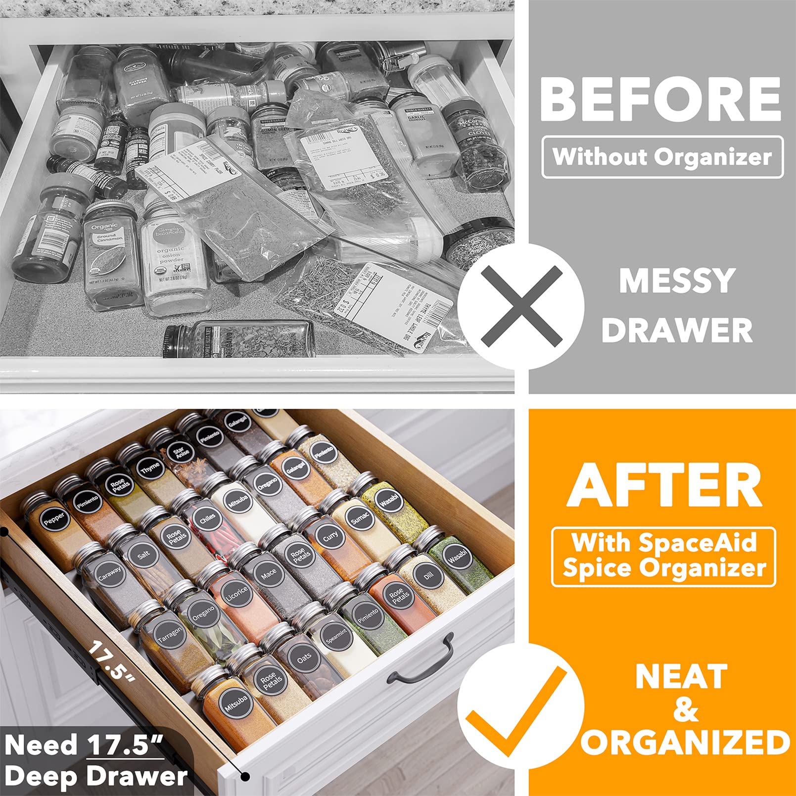 SpaceAid 32 glass spice jars keep spices visible and fresh.