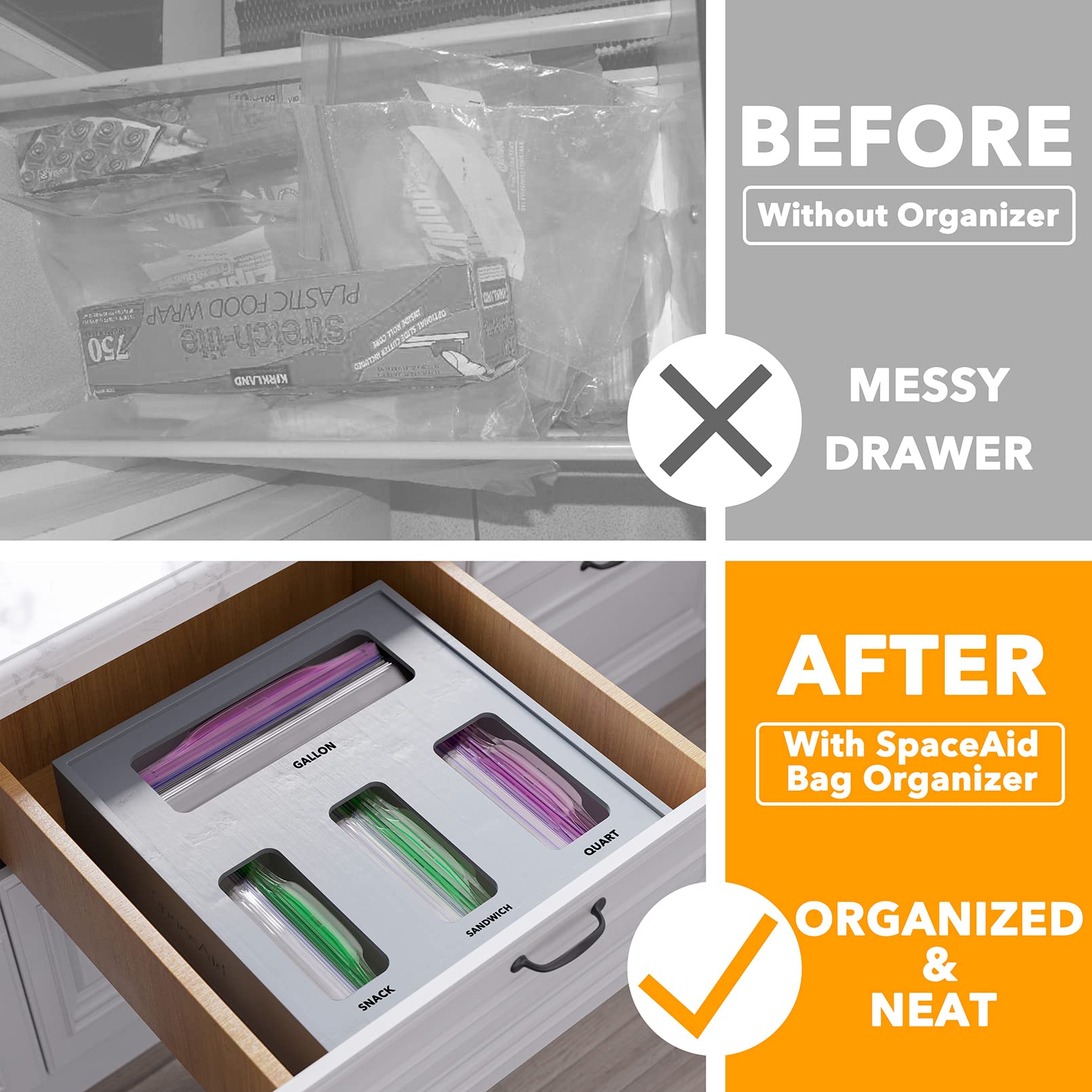 SpaceAid 4-slot bag organizer neatly fits gallon, quart, sandwich, and snack bags.