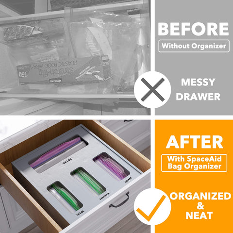 SpaceAid 4-slot bag organizer neatly fits gallon, quart, sandwich, and snack bags.