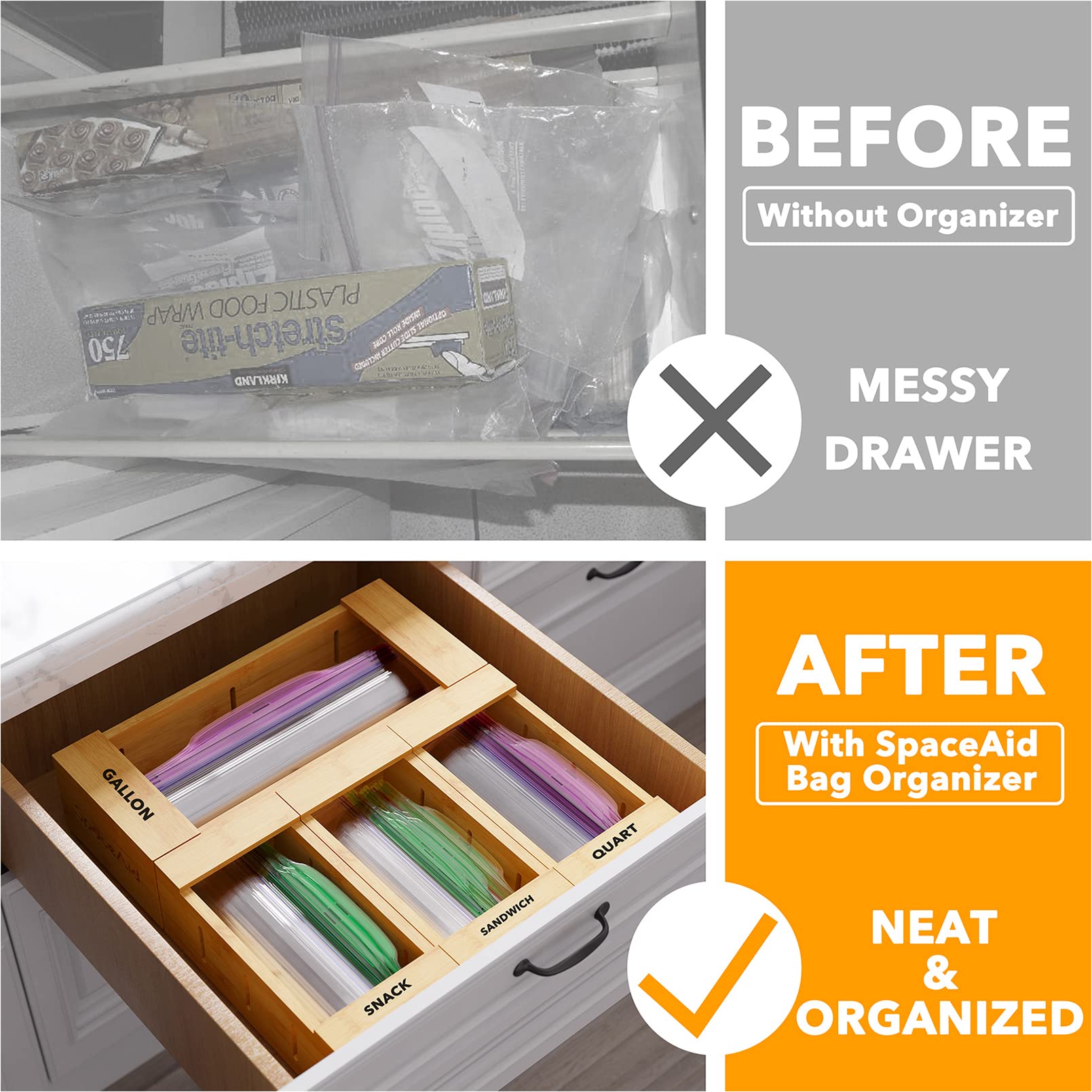 SpaceAid bag organizer multi-size set arranged in a drawer to show flexible configuration.
