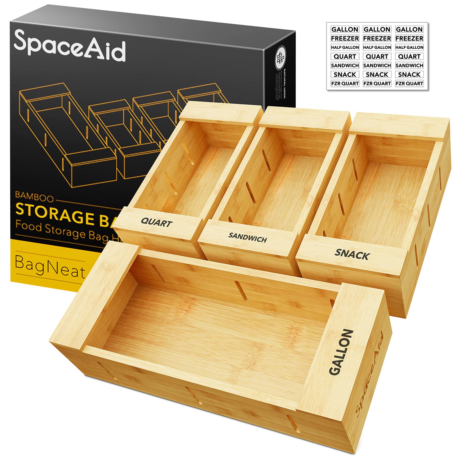 SpaceAid bag organizer gallon box front view for organized kitchen storage.