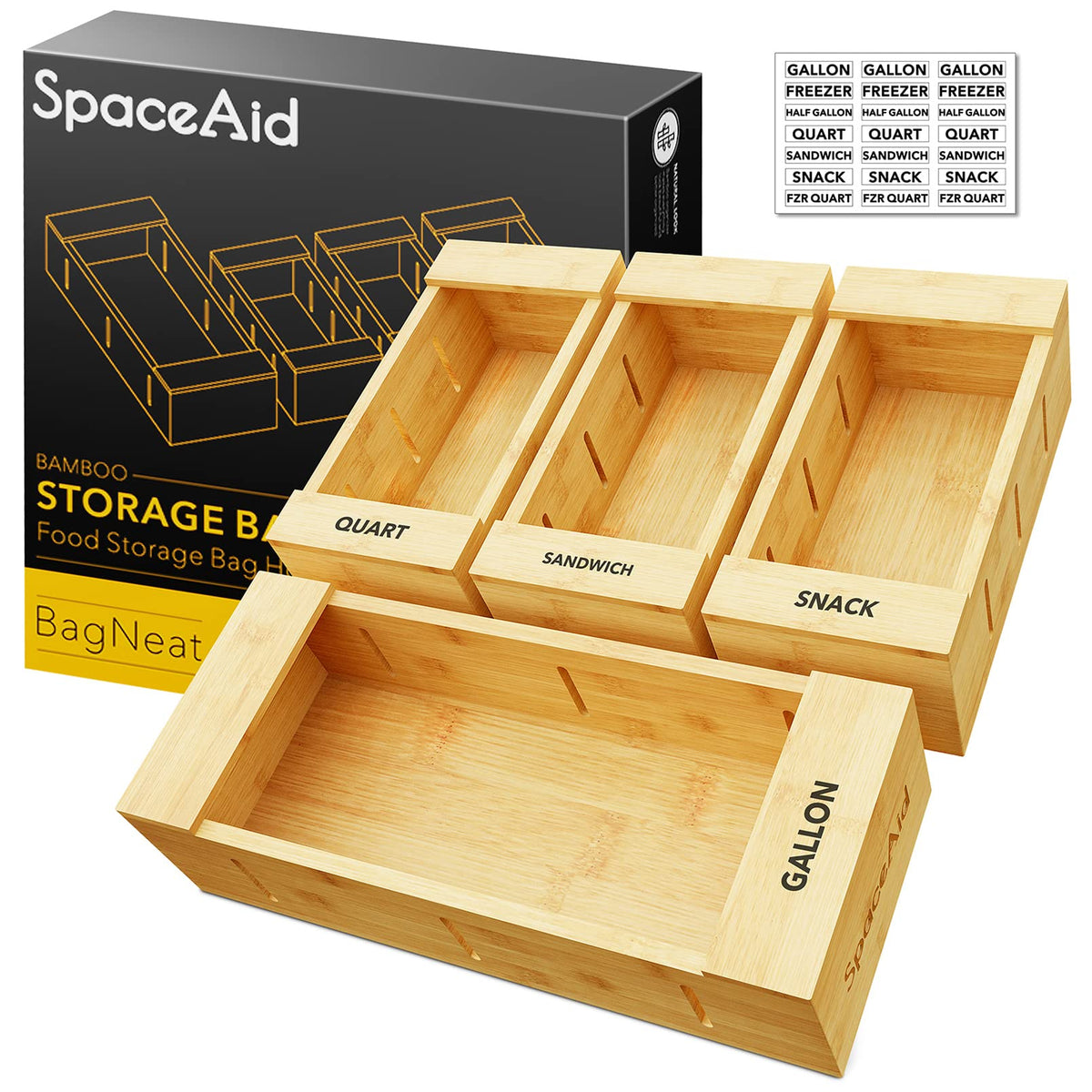 SpaceAid bag organizer gallon box front view for organized kitchen storage.