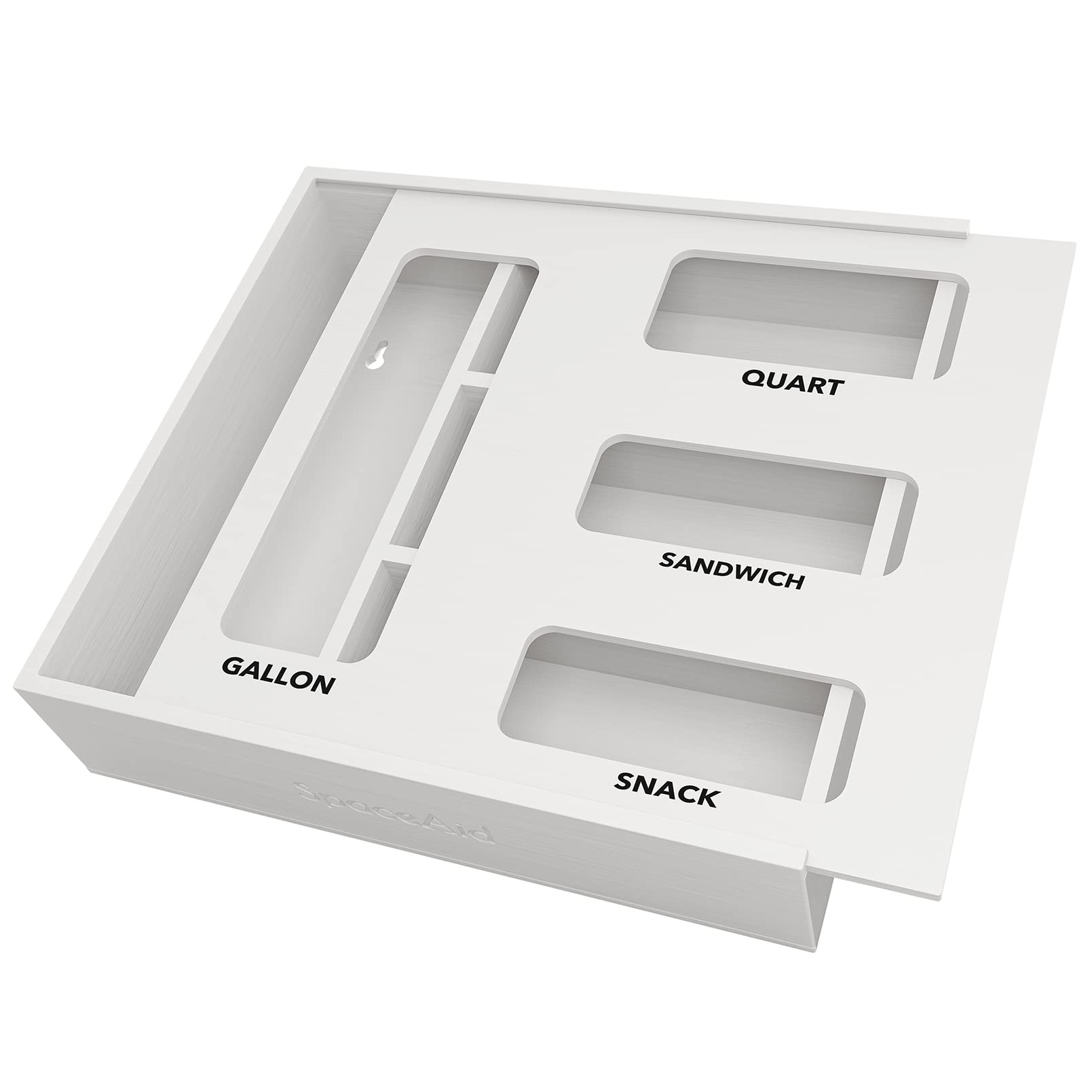 SpaceAid bag storage organizer in white keeps kitchen bags neatly organized in the drawer.