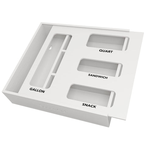 SpaceAid bag storage organizer in white keeps kitchen bags neatly organized in the drawer.