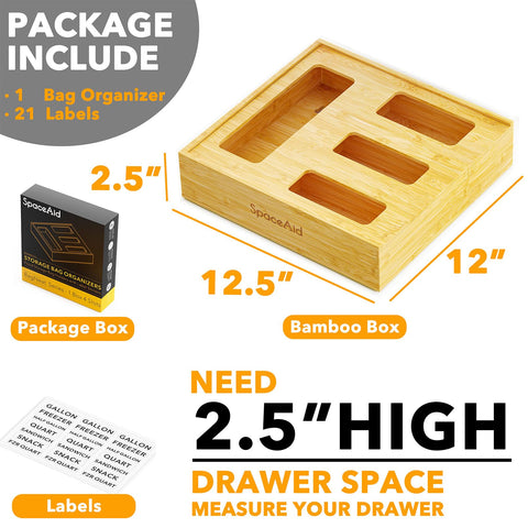 SpaceAid organizer shows compatibility with gallon, quart, and sandwich bags for versatile storage.