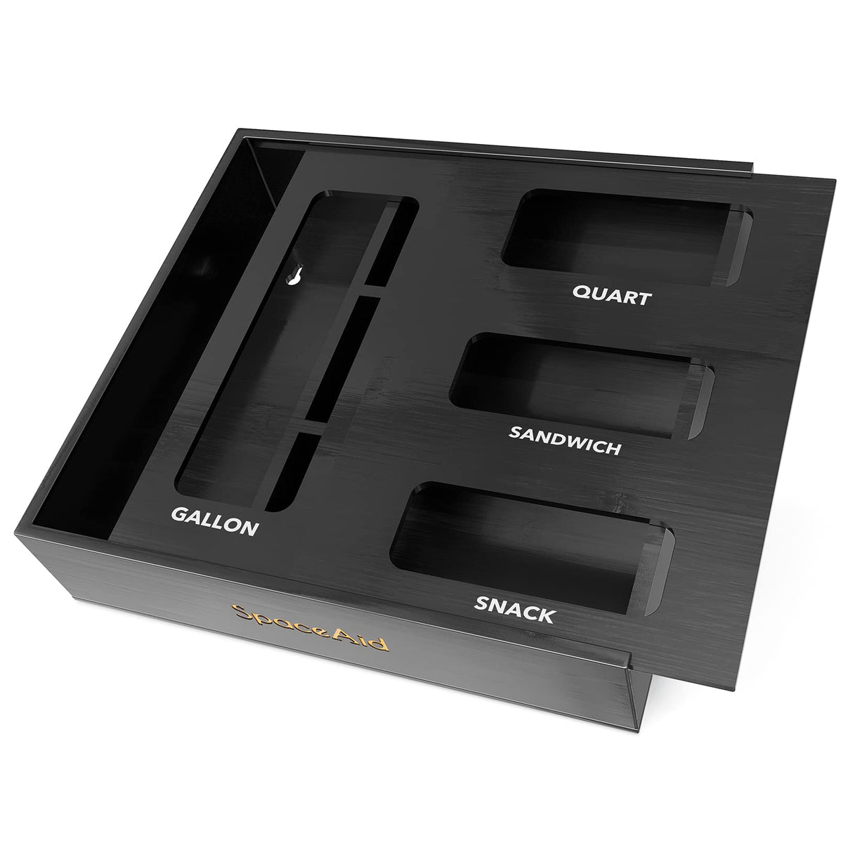 SpaceAid bamboo bag organizer in a drawer with a full four-slot layout.