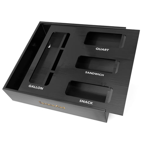 SpaceAid bamboo bag organizer in a drawer with a full four-slot layout.