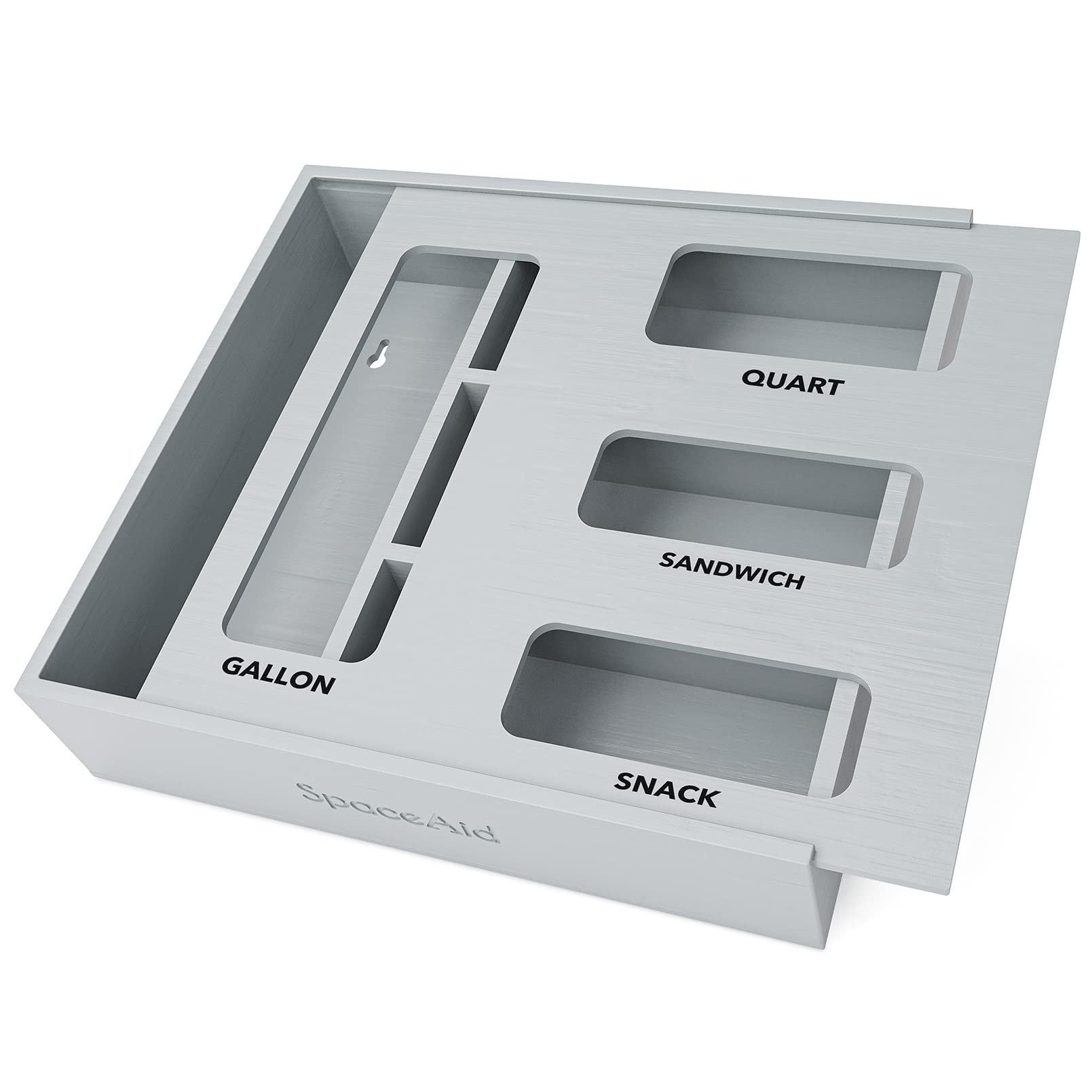 SpaceAid bamboo bag organizer in gray keeps kitchen drawers neat and accessible.