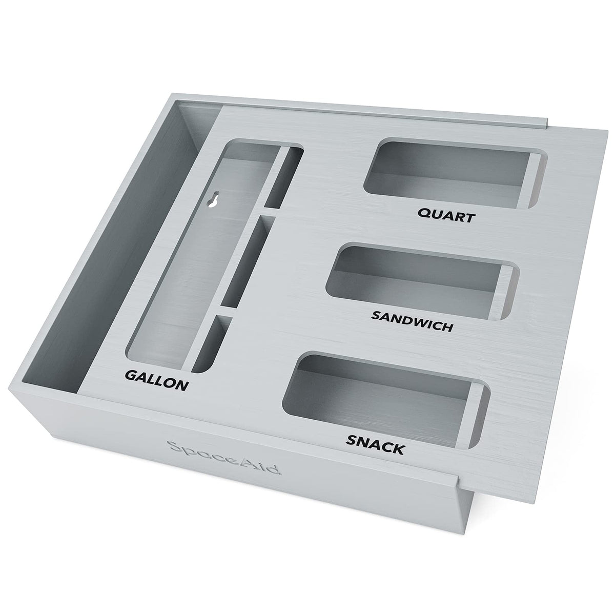 SpaceAid bamboo bag organizer in gray keeps kitchen drawers neat and accessible.