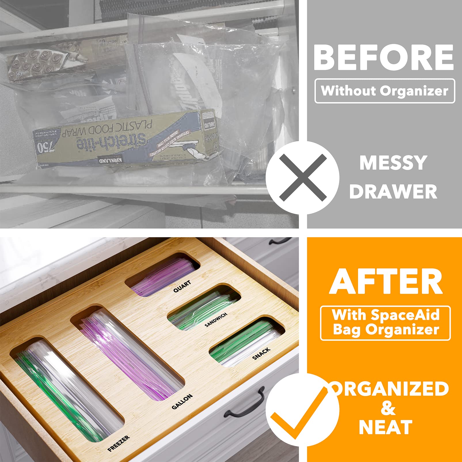 SpaceAid bag organizer for sandwich and snack bags supports quick meal prep