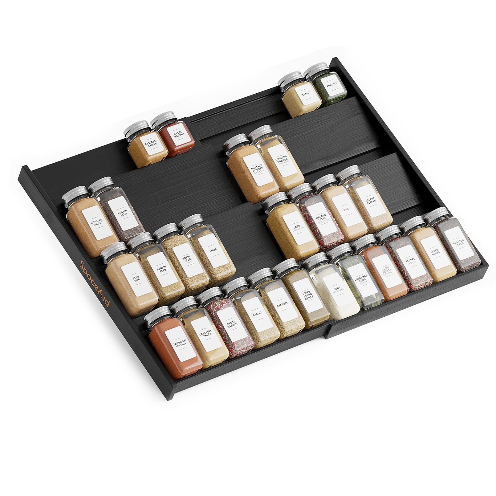 SpaceAid bamboo black spice drawer organizer neatly arranges jars in a deep drawer.