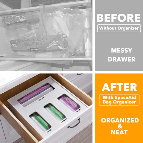 SpaceAid bamboo box with four slots holds gallon to snack bags for easy access.