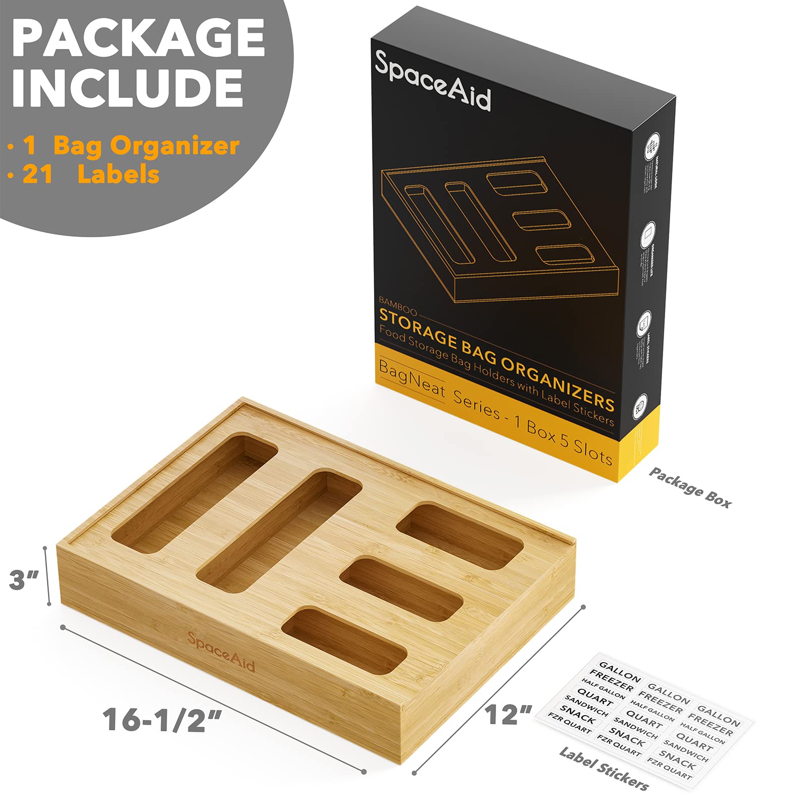 SpaceAid bamboo box includes 21 label stickers for quick contents identification