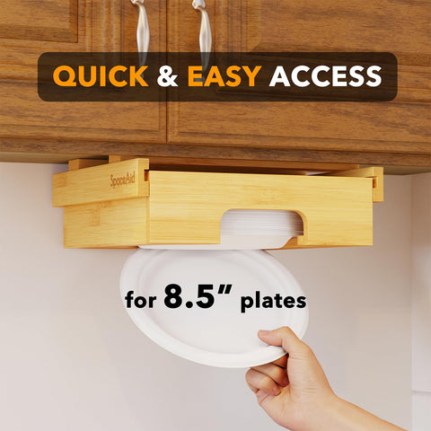 SpaceAid bamboo dispenser shown with large capacity for multiple plates.