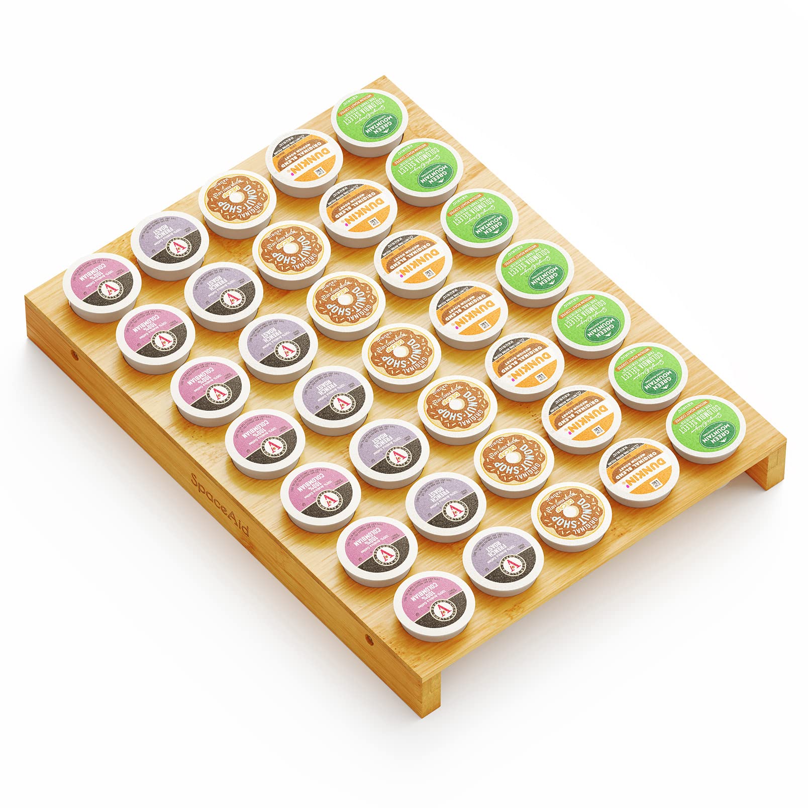 SpaceAid bamboo K Cup drawer organizer showing a neat 35-slot setup for easy access.