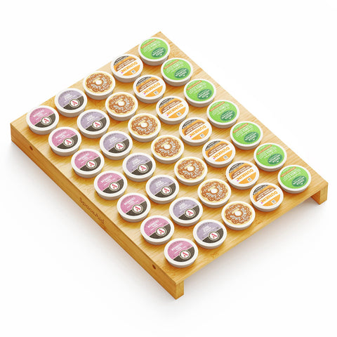 SpaceAid bamboo K Cup drawer organizer showing a neat 35-slot setup for easy access.