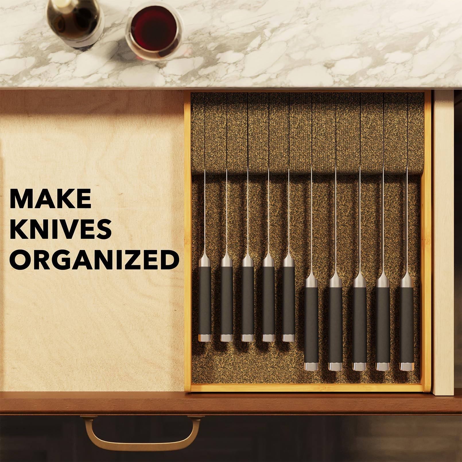 SpaceAid bamboo dividers closeup highlights cork-rubber flexibility for secure blade placement.