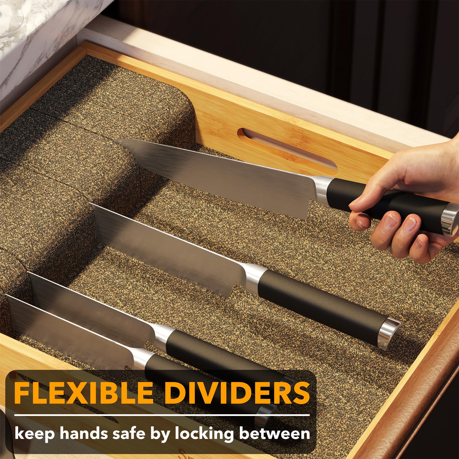 SpaceAid bamboo knife drawer organizer inside drawer demonstrates versatile blade storage.