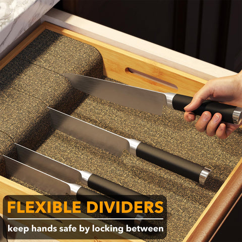 SpaceAid bamboo knife drawer organizer inside drawer demonstrates versatile blade storage.