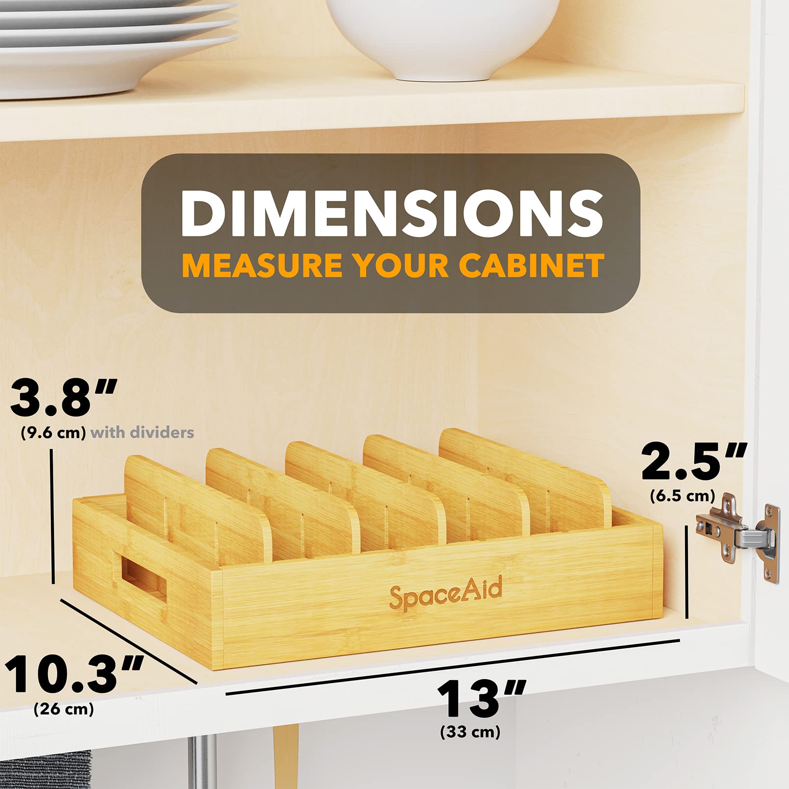 SpaceAid bamboo lid organizer with 5 dividers enables customizable lid storage.