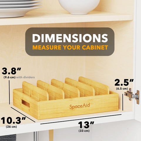 SpaceAid bamboo lid organizer with 5 dividers enables customizable lid storage.