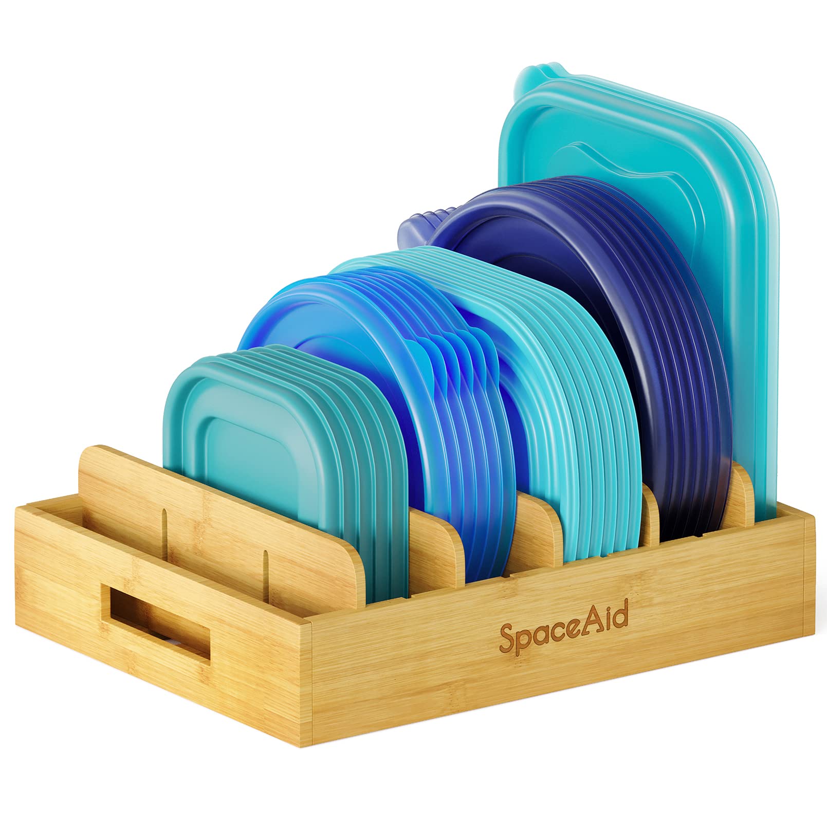 SpaceAid bamboo lid organizer front view shows lids upright for quick access.