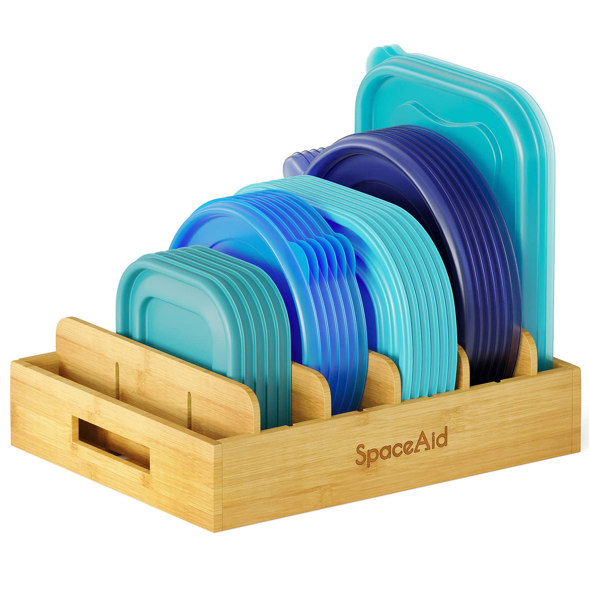 SpaceAid bamboo lid organizer front view shows lids upright for quick access.