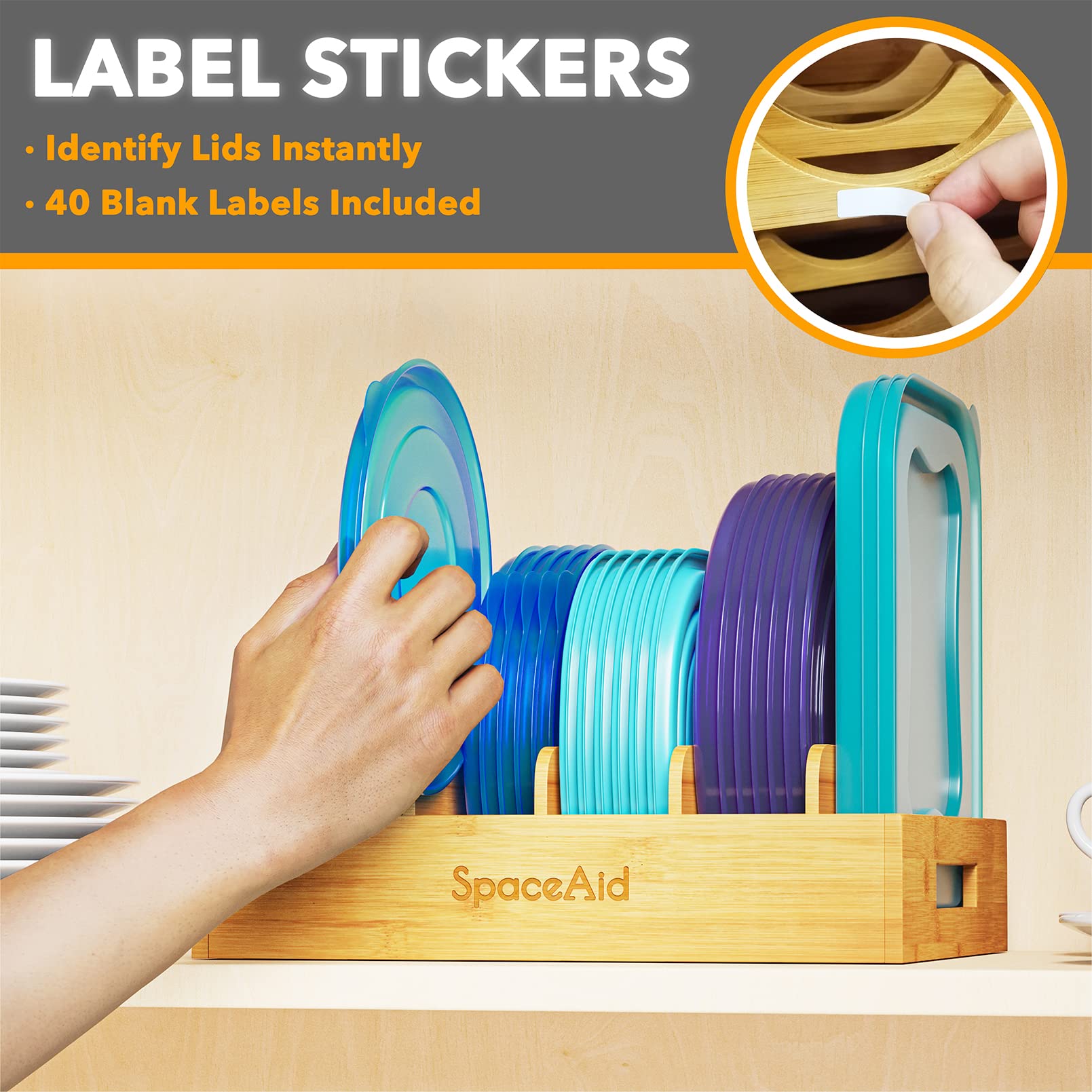 SpaceAid bamboo lid organizer front labels help lid identification at a glance.