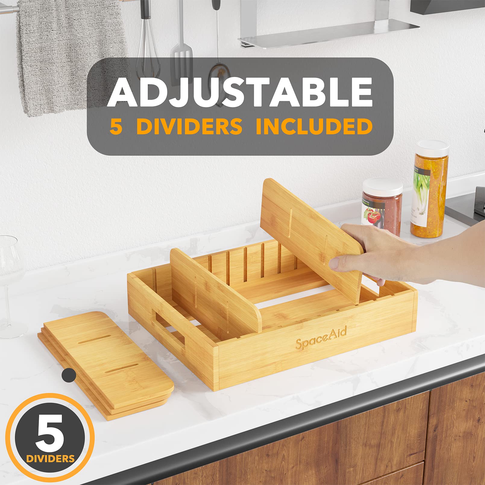 SpaceAid bamboo lid organizer in use inside a cabinet saves space and tidies lids.