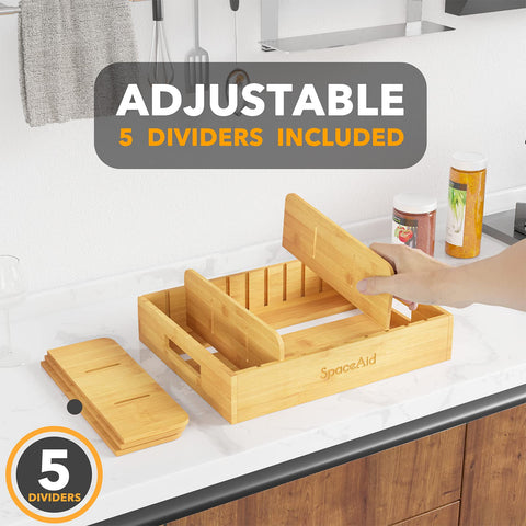 SpaceAid bamboo lid organizer in use inside a cabinet saves space and tidies lids.