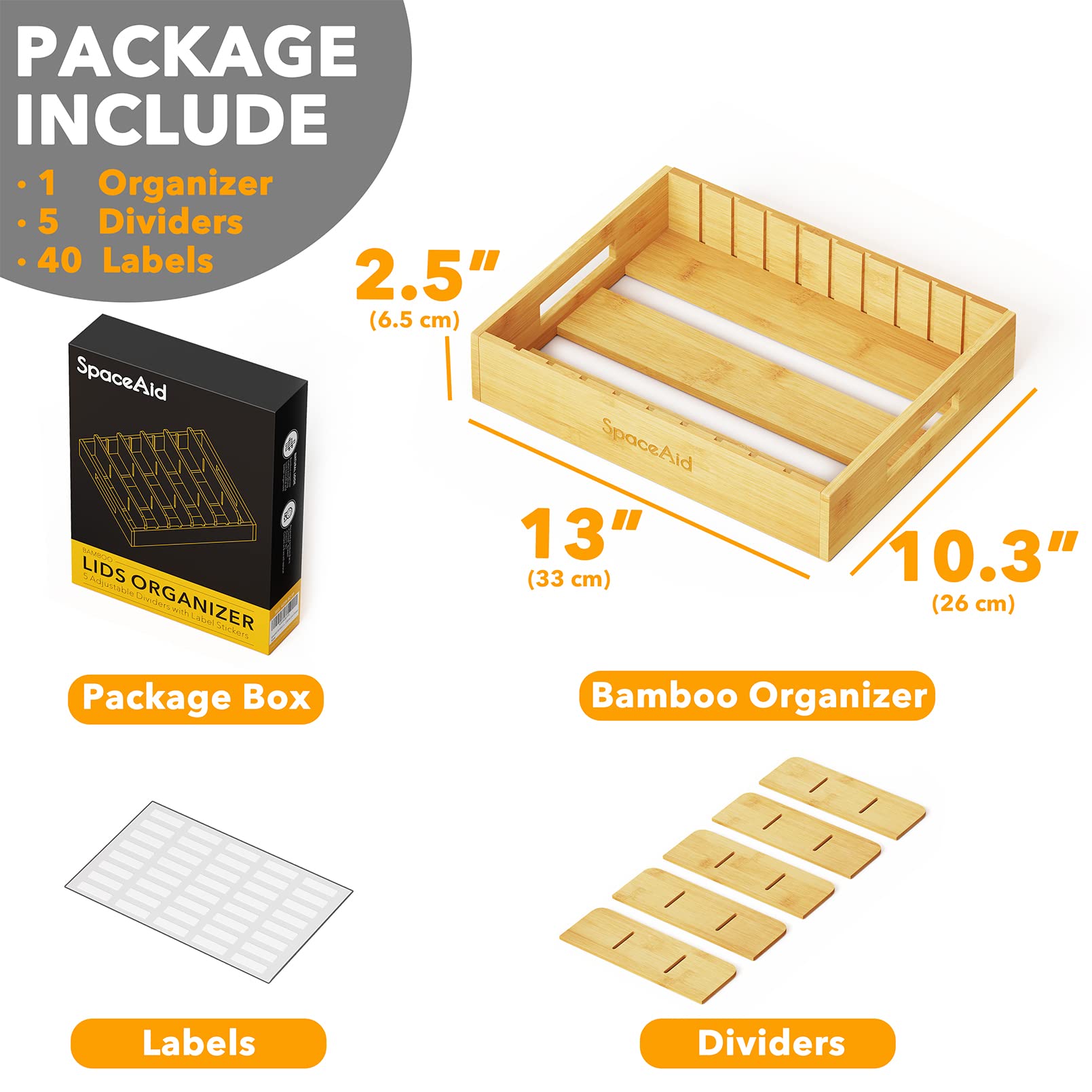 SpaceAid bamboo lid organizer features sturdy bamboo construction for long-lasting use.