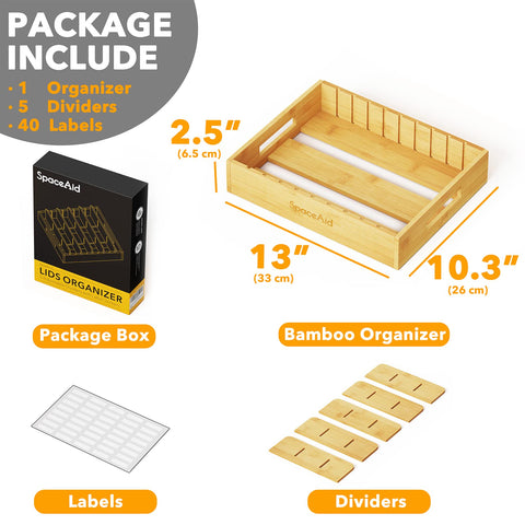 SpaceAid bamboo lid organizer features sturdy bamboo construction for long-lasting use.
