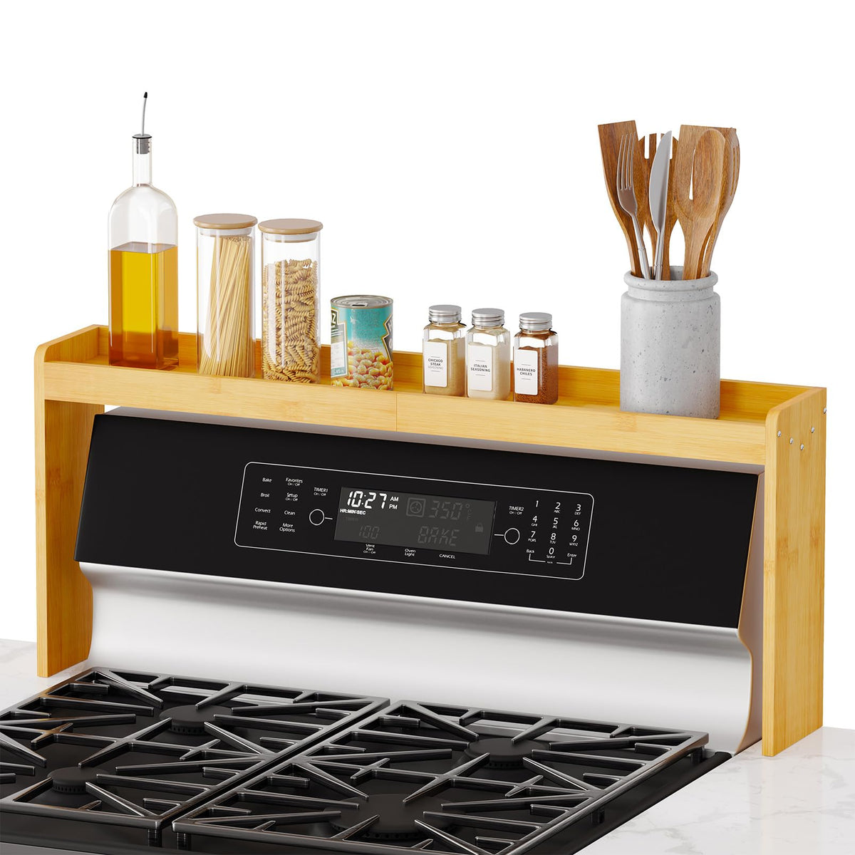 SpaceAid bamboo over-stove spice shelf, front view, organized jars within easy reach