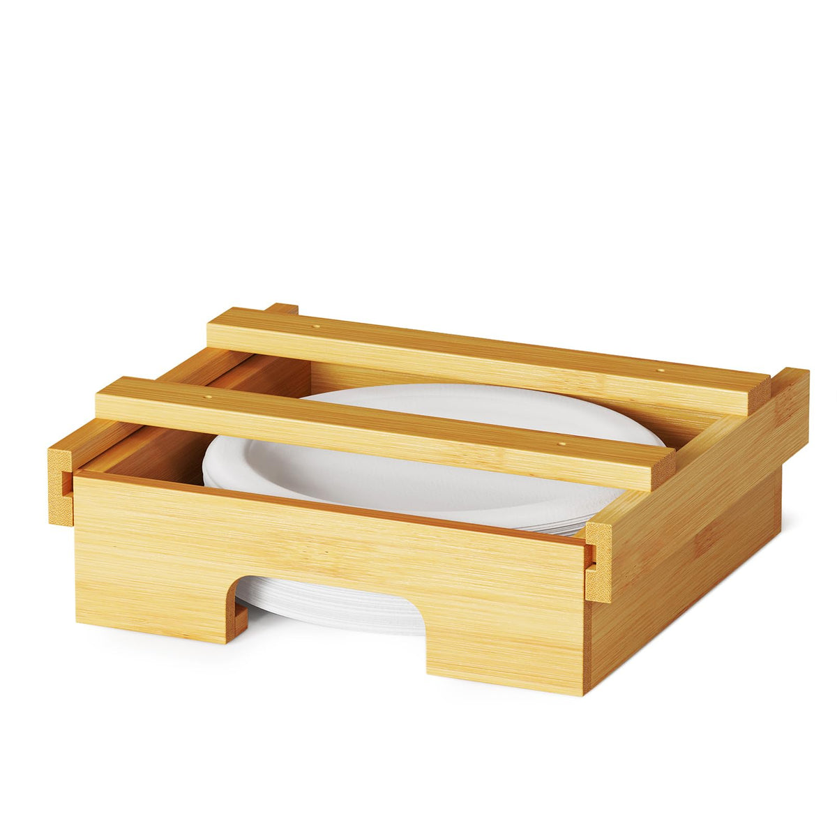 SpaceAid bamboo paper plate dispenser under cabinet keeps 8.5-inch plates neatly organized.