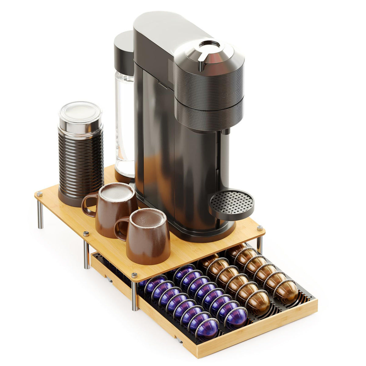 SpaceAid bamboo pod holder drawer showcases organized Vertuo pods on the counter.