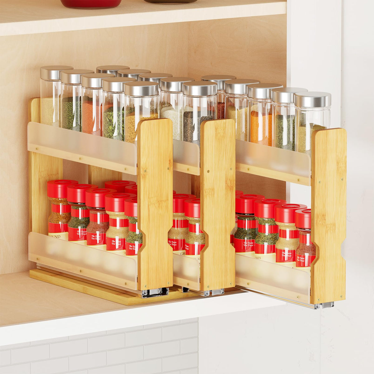 SpaceAid bamboo pull-out spice rack organizer provides easy cabinet access for organized spices.