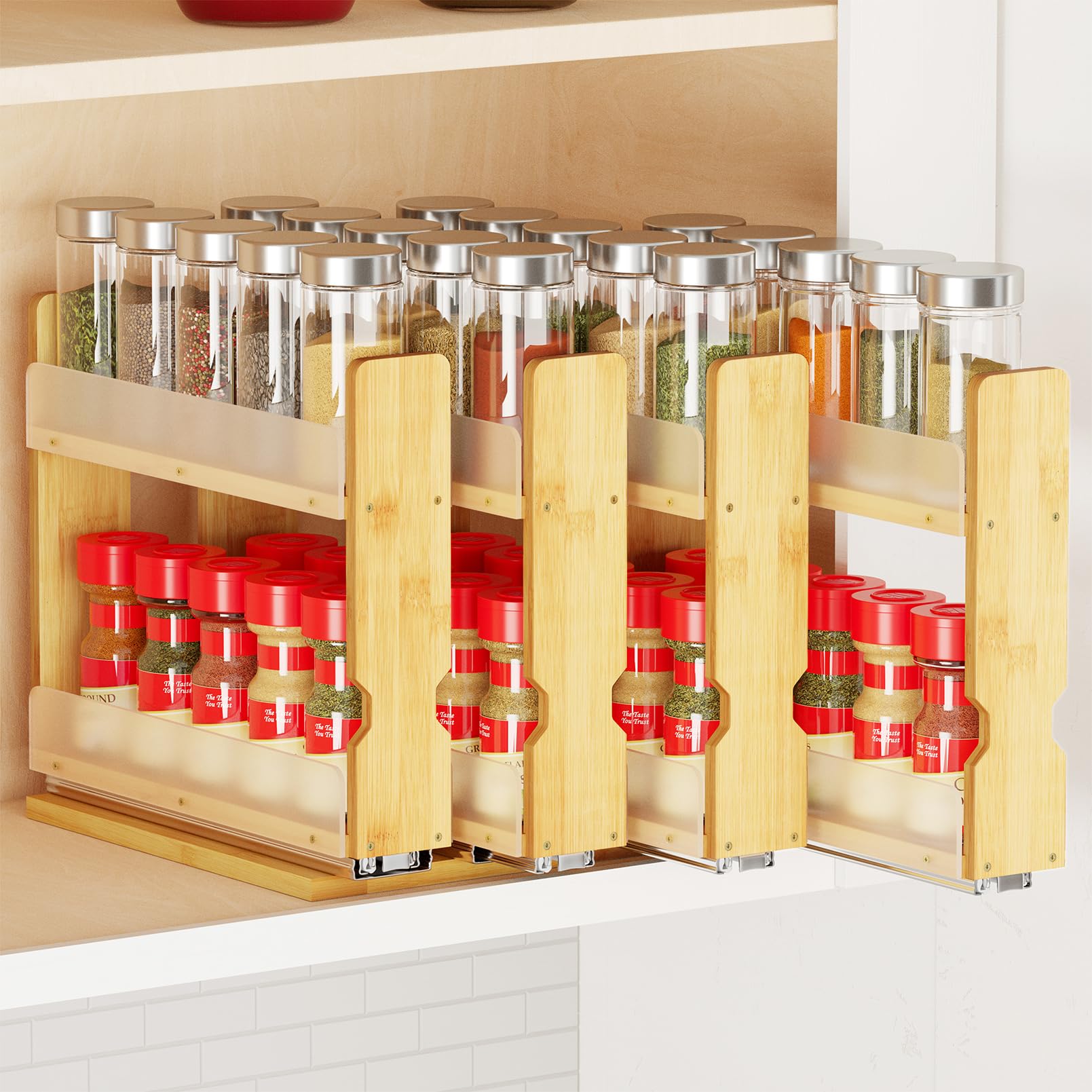 SpaceAid bamboo pull-out spice rack in cabinet with easy access to spices