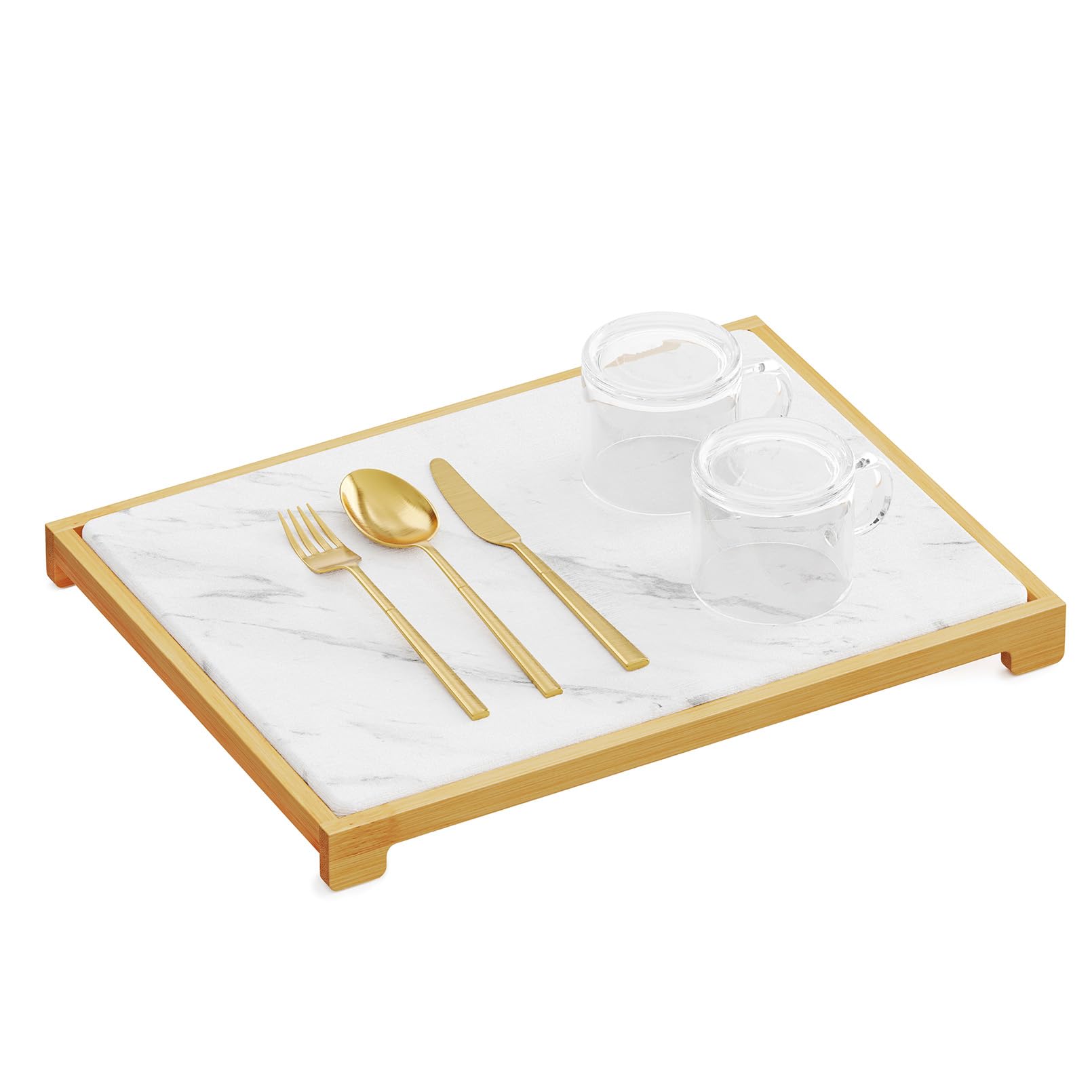 SpaceAid Bamboo Rack Dish Pad on counter keeps dishes organized and dry.