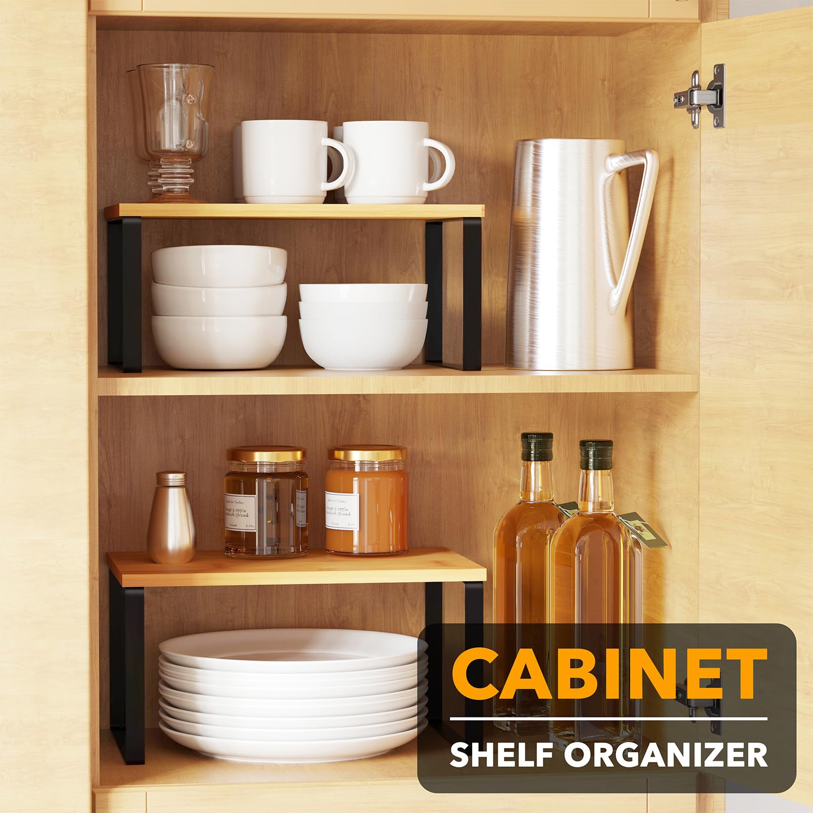 SpaceAid bamboo shelves offer sturdy support for cans and cookbooks