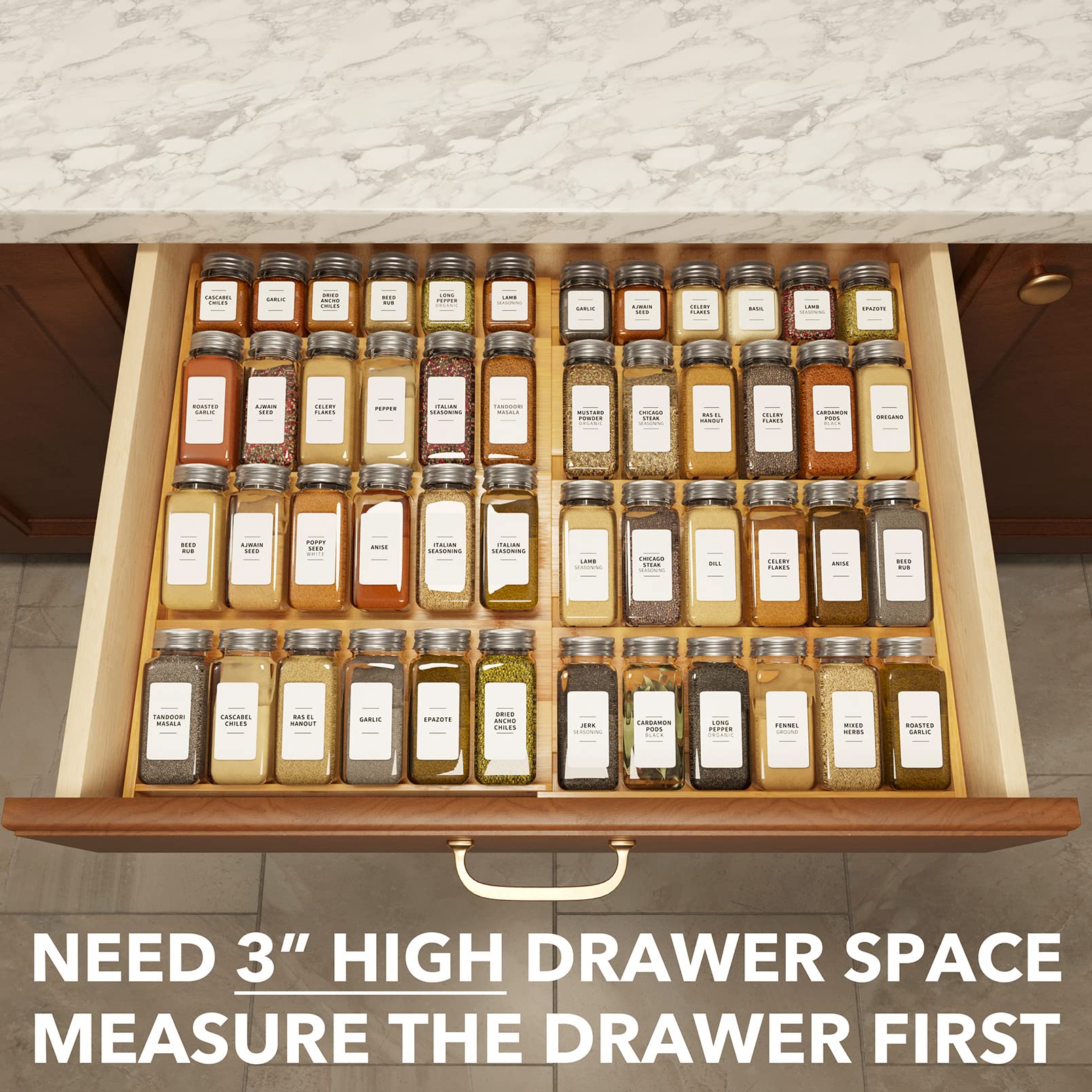 SpaceAid bamboo spice drawer organizer shows sturdy bamboo construction for daily use