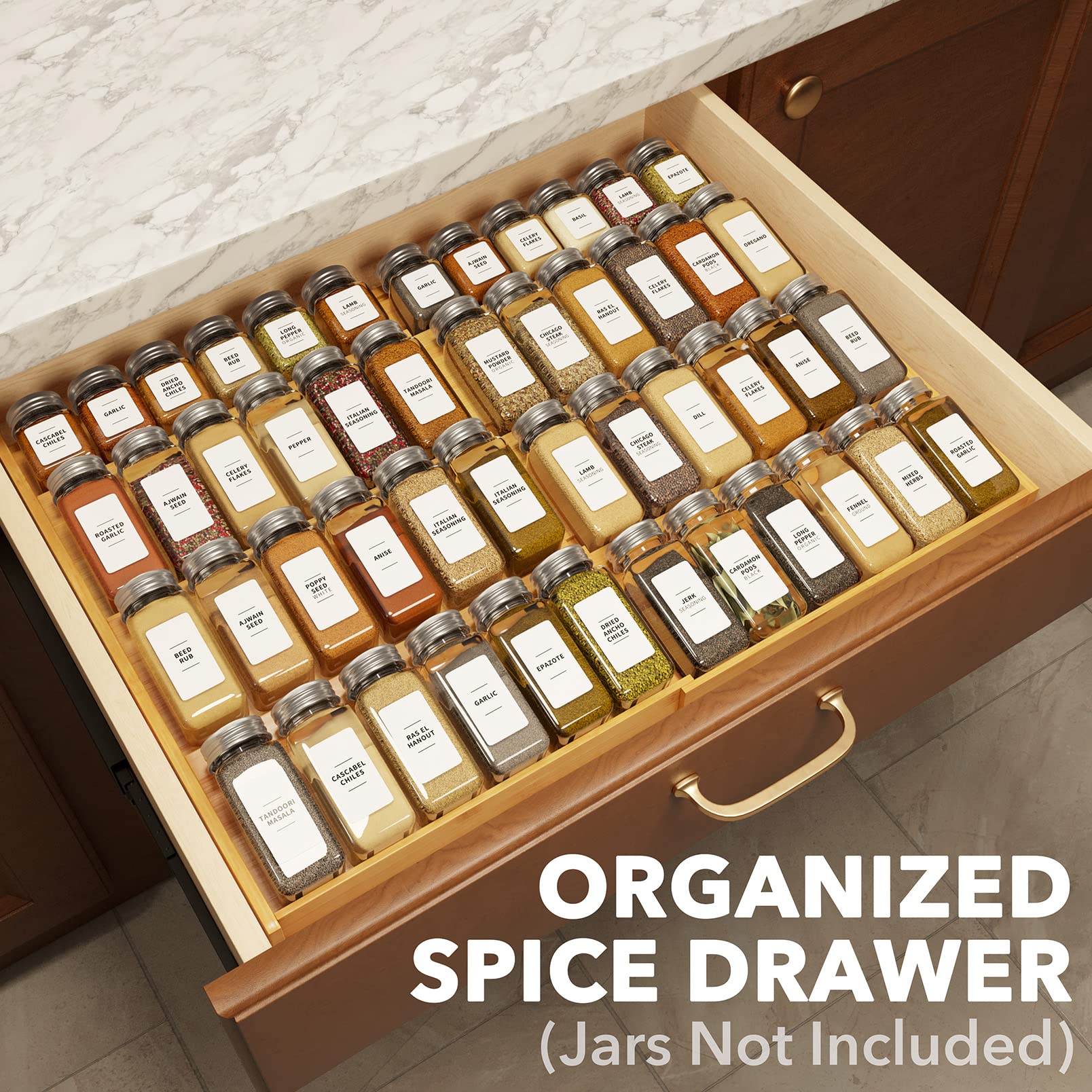 SpaceAid bamboo spice drawer organizer 4-tier design keeps jars neatly arranged