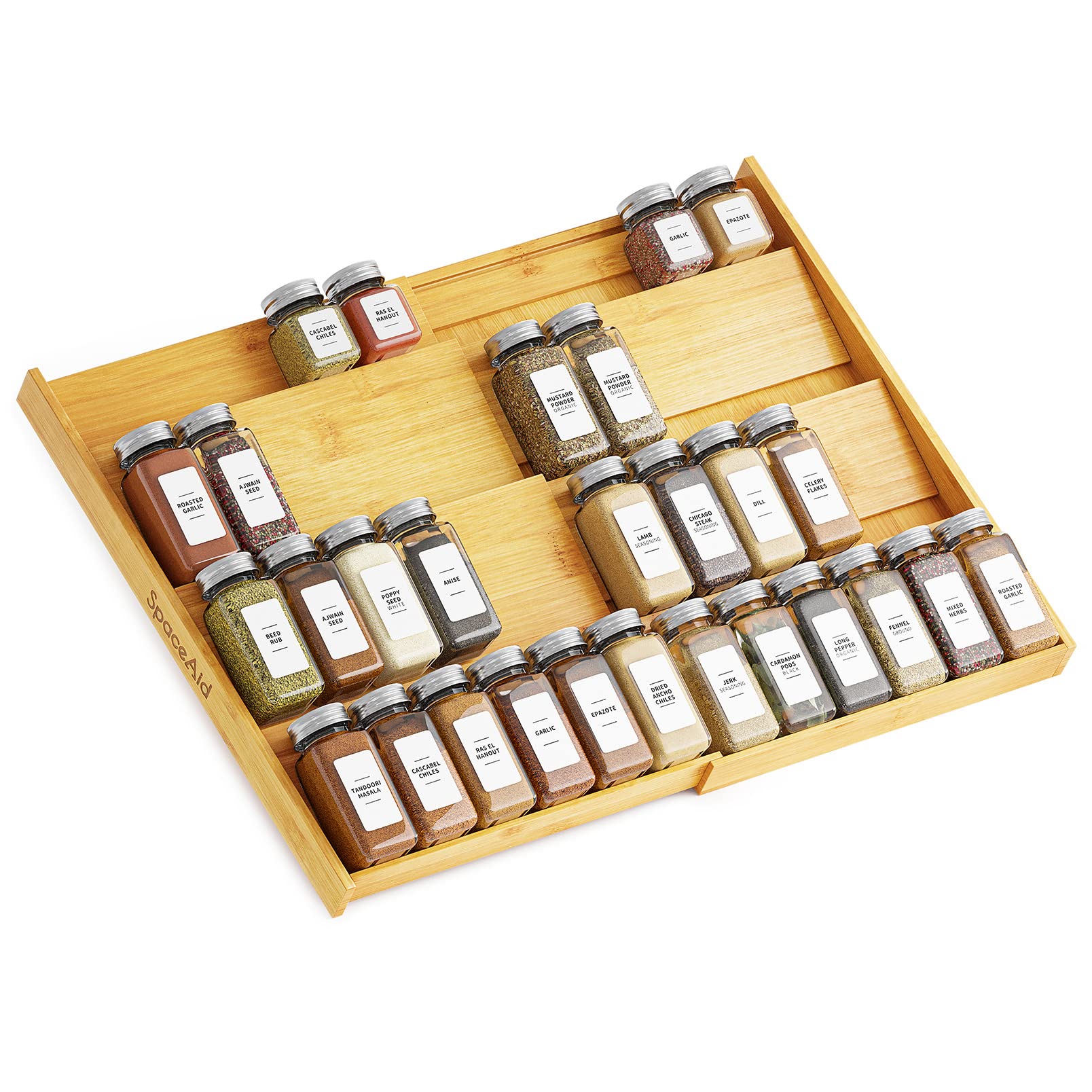 SpaceAid bamboo spice drawer organizer in extended-width setup fits 12-23 inch drawers