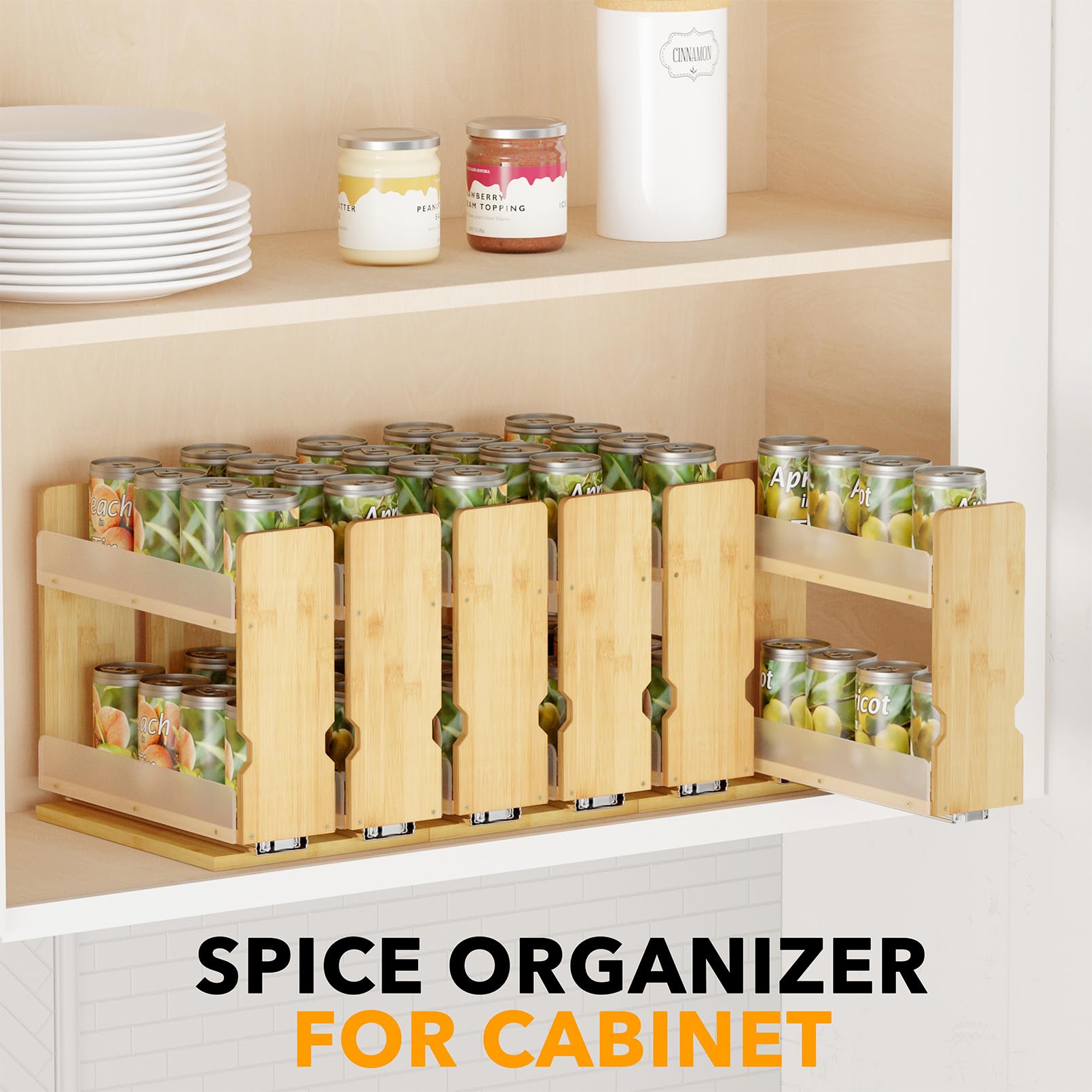 Open cabinet showing slide-out organizer and lip clearance.