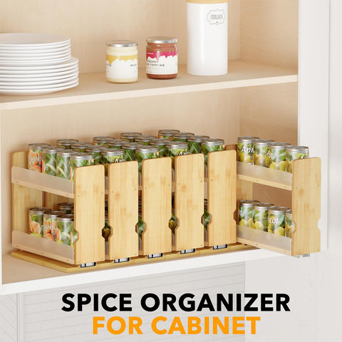 Open cabinet showing slide-out organizer and lip clearance.