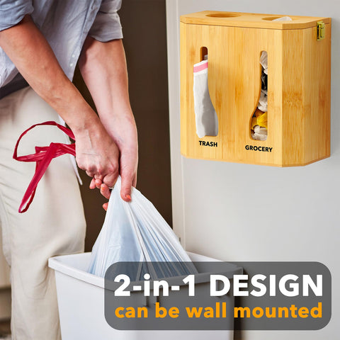 SpaceAid Bamboo under-sink organizer storing trash bag rolls for quick access